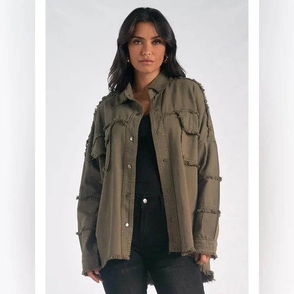 NWT Elan Dawn All You Need Is Love Distressed Jacket/Shacket Olive Green Medium - Picture 3 of 10